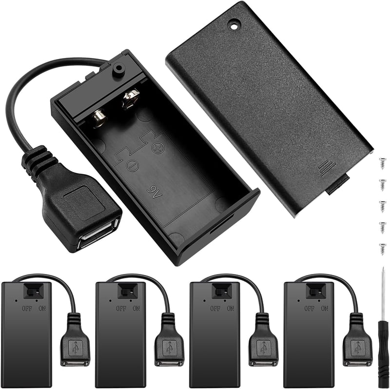KUOQIY 9V Elemtartó Készlet 5db - Kapcsolóval és USB Csatlakozóval, Arduino Projektekhez, Elektromos Játékokhoz, Csavarokkal és Csavarhúzóva