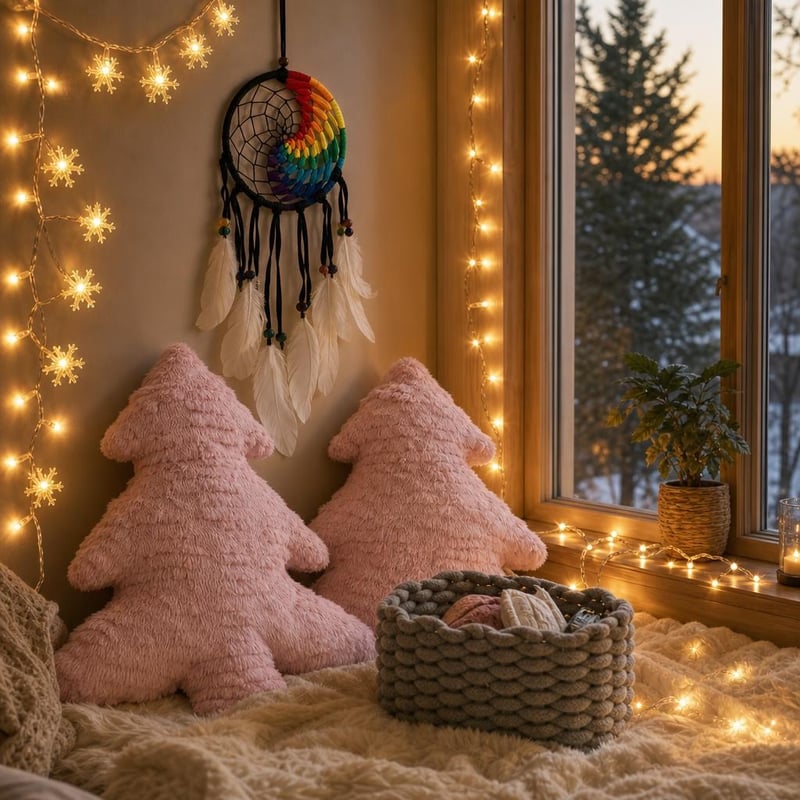 Snová izba pre tínedžerov: lapač snov + LED pásik + LED reťaz + 2 vankúše + úložný košík
