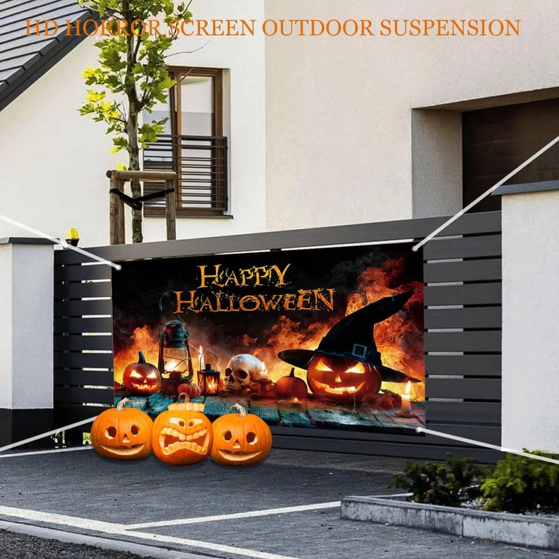 AEESRRU Halloween Dekorációs Molinó - Tök és Szellem Mintás Ajtódísz, Narancssárga-Fekete Háttér, Beltéri-Kültéri Horrordekoráció (180 x 110