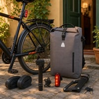 Városi bringamentő: 2 db belső + mini pumpa + féklámpa + vízálló csomagtáska + összecsukható zár 1