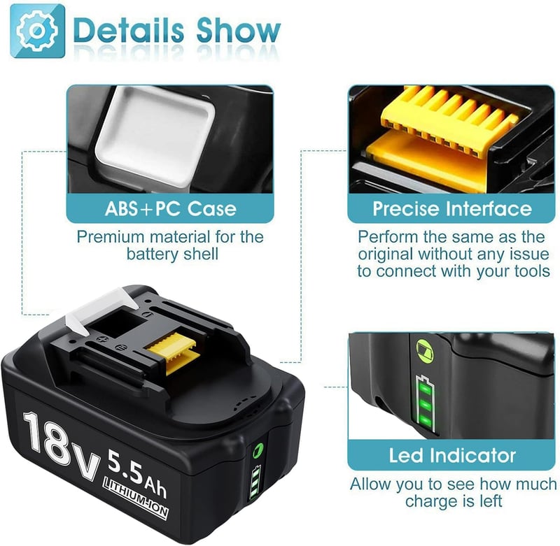BATTOOL 18V 5500mAh Li-Ion Akkumulátor és Töltő Szett Makita BL1830B BL1840 BL1850 BL1860 LXT-400 Szerszámokhoz, DC18RC 3A