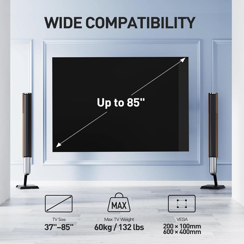 PERLESMITH TV fali tartó 37-85 colos tévéhez, dönthető forgatható, max 60kg, VESA 600x400