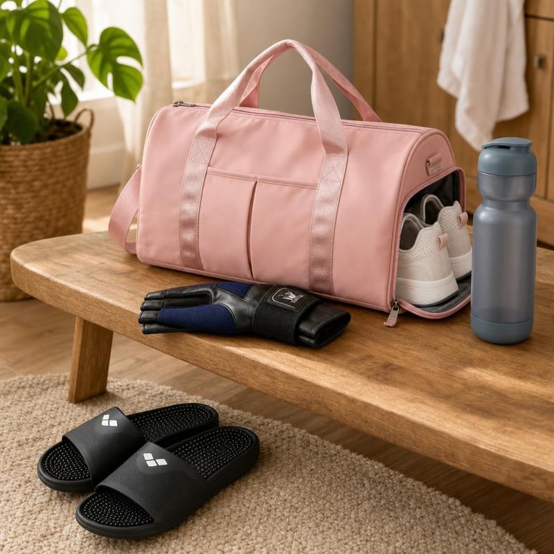 Edzőtáskás lendület: női sporttáska + edzőkesztyű + 800 ml shaker + zuhanypapucs