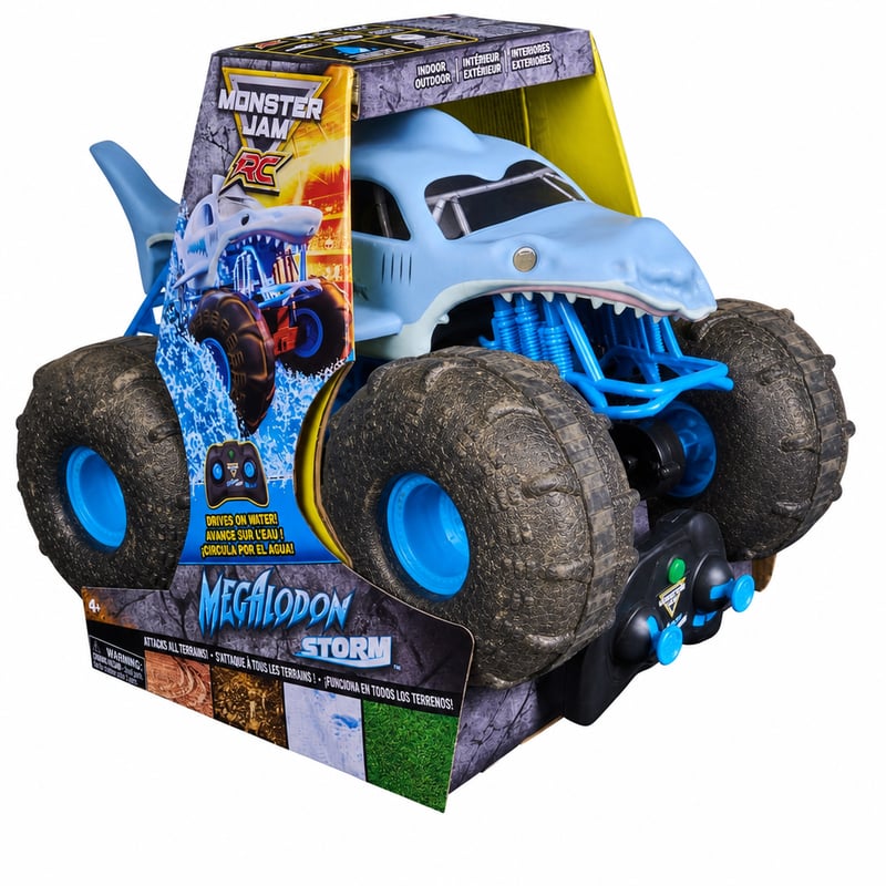Monster Jam Megalodon Storm távirányítós – USB töltőkábel nélkül — horpadt, sérült elejű, kopott kerekek (állapot: lásd a 2. képet)