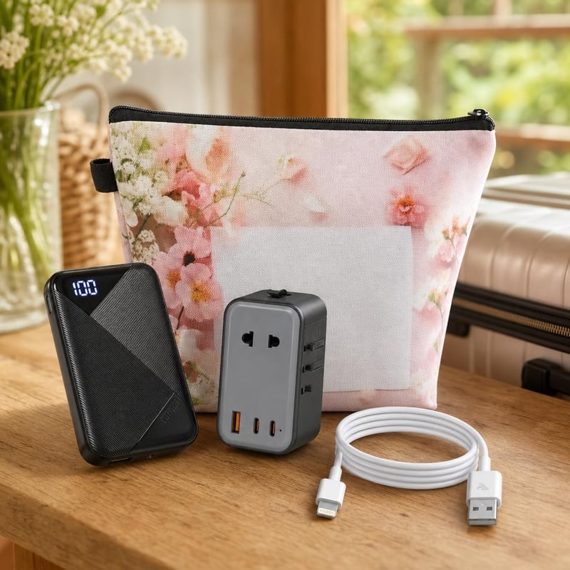 Putni set za punjenje: 10000 mAh powerbank + PD 20W adapter + 2m Lightning kabel + kozmetička torbica