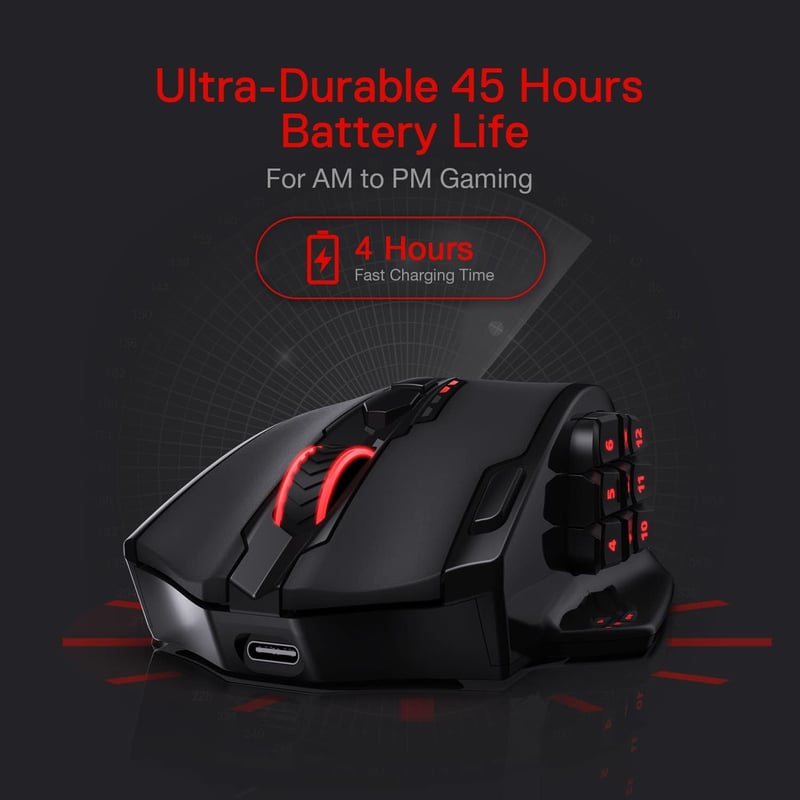 Redragon M913 Impact Elite vezeték nélküli gamer egér, 16000 DPI, 20 programozható gomb, 45 órás akkumulátor, RGB világítás, 12 oldalsó gomb