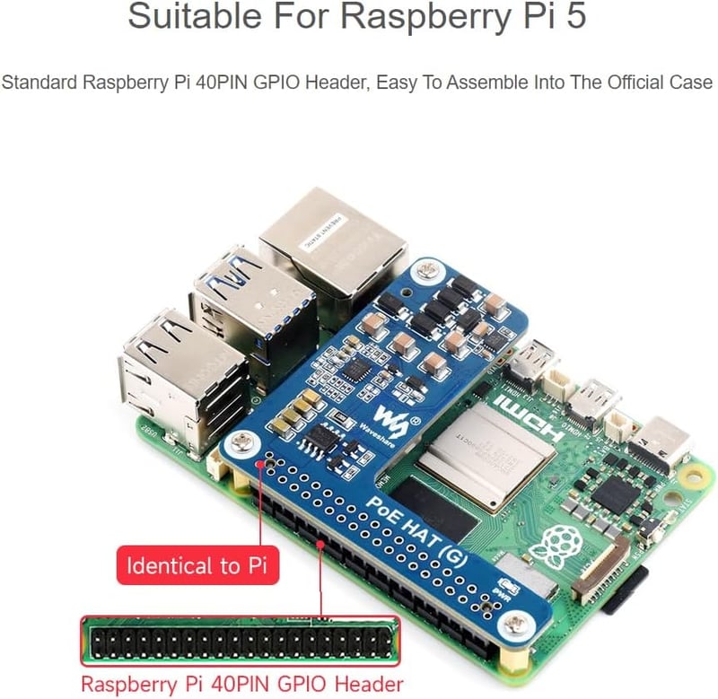 Waveshare Power Over Ethernet HAT (G) Bővítőkártya Raspberry Pi 5-höz - 802.3af/at Kompatibilis POE Adapter 5V 5A Kimenettel