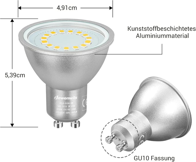 DEWENWILS GU10 LED Izzó, Meleg Fehér 2700K, Fényerőszabályozható, 5W 350LM, 50W Halogén Helyettesítő, 120° Szórási Szög, 6 db Csomag