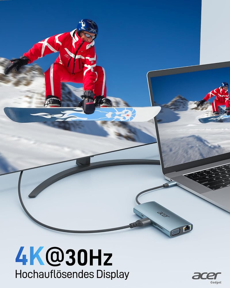 Acer 9-in-1 USB-C Hub Dokkoló, 4K HDMI, VGA, 3xUSB 3.0, Gigabit Ethernet, 100W PD, SD/TF Kártyaolvasó, Alumínium Adapter iPhone/MacBook/iPad