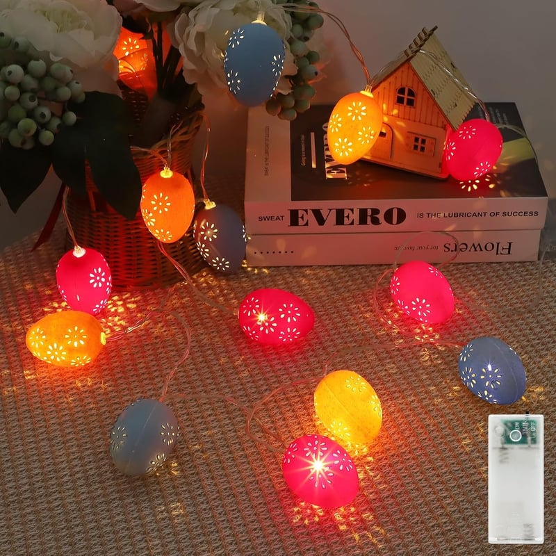 Liyade Húsvéti LED Tojás Fényfüzér - 10 Meleg Fehér LED, 1,65m, Időzítővel, Elemes - Dekoráció Ünnepekre, Asztalra, Kandallóra