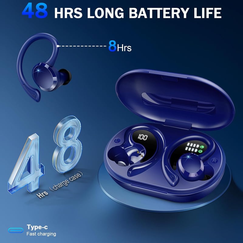 Rulefiss Bluetooth 5.3 sport fülhallgató, 48 órás akkuidő, kék, vízálló