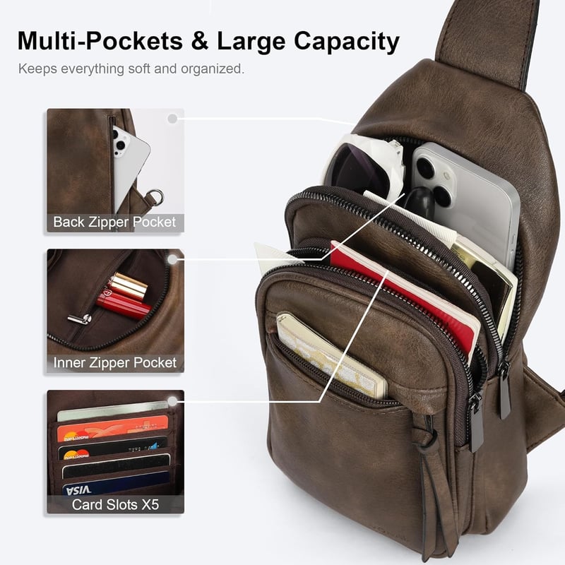 VONAL Női Mellkas Táska - Sötétbarna Stílusos Crossbody Válltáska Széles Pánttal