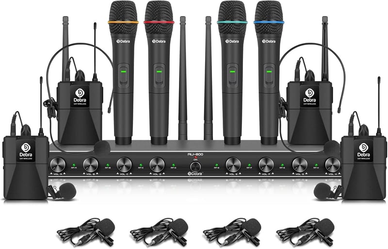 D Debra Audio AU800 Pro UHF 8 csatornás vezeték nélküli mikrofon rendszer, 4 kézi mikrofon és 4 testcsipesz, fém vevőegység karaokéhoz, rend