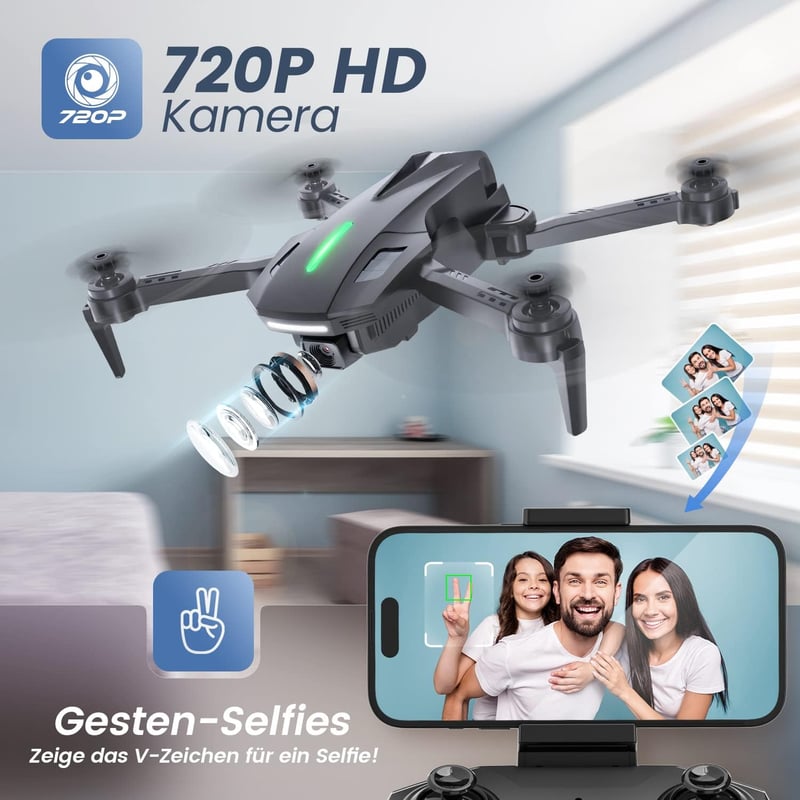 DEERC D70 Összecsukható Drón 720P Kamerával - Gyerekeknek és Kezdőknek, Hosszú Repülési Idő, Mobiltelefon Irányítás, 360° Forgás, Beltéri Ha