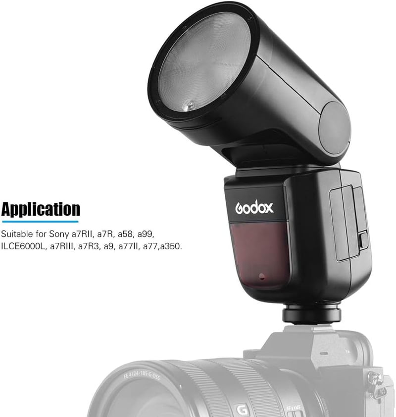 Godox V1S Professzionális Vaku Kerek Fejjel - 2.4G Vezeték Nélküli Fresnel Zoom - Sony Fényképezőgépekkel Kompatibilis Vakupapucs Rendszer