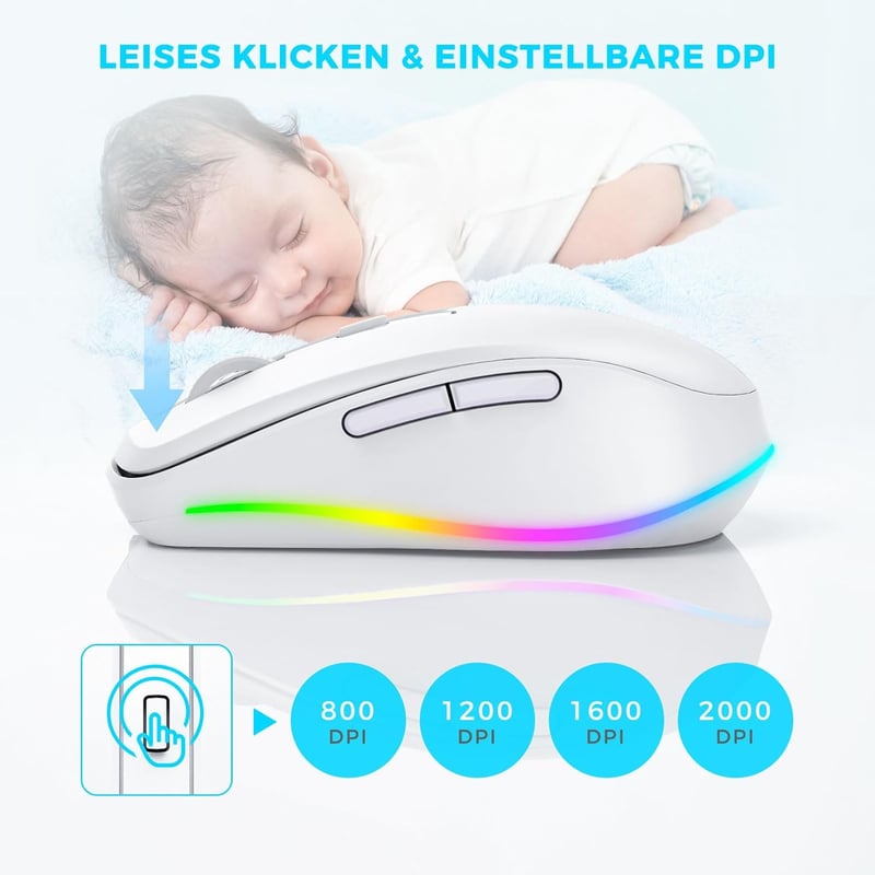 seenda Vezeték Nélküli Egér LED Világítással - Újratölthető, Csendes 2.4G USB Egér Mouse Jiggler Funkcióval, 2000 DPI - PC, Laptop, Windows,