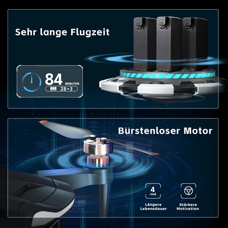 CHUBORY A77 Kefe Nélküli Drón 4K HD Kamerával - 84 Perces Repülési Idő, WiFi FPV Quadcopter Követés Funkcióval, 3 Akkumulátor, Hordtáska, Ke