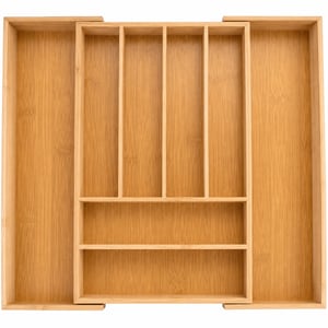 Organizator de tacâmuri extensibil pentru sertar, din bambus, marca Alpina — defect, parțial funcțional: adezivul s-a dezlipit în colțul din dreapta jos (stare: vezi a doua imagine)