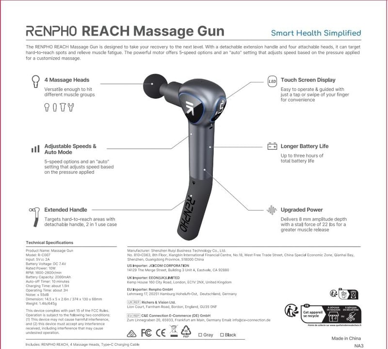 RENPHO Reach LED kijelzős masszázspisztoly levehető nyéllel, szürke