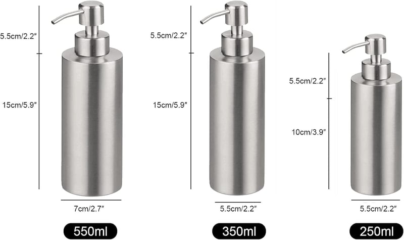 Sinolofty 550ml Rozsdamentes Acél Folyékony Szappan Adagoló - Hengeres Kialakítás Fürdőszobába és Konyhába, Samponhoz, Mosogatószerhez, Ezüs
