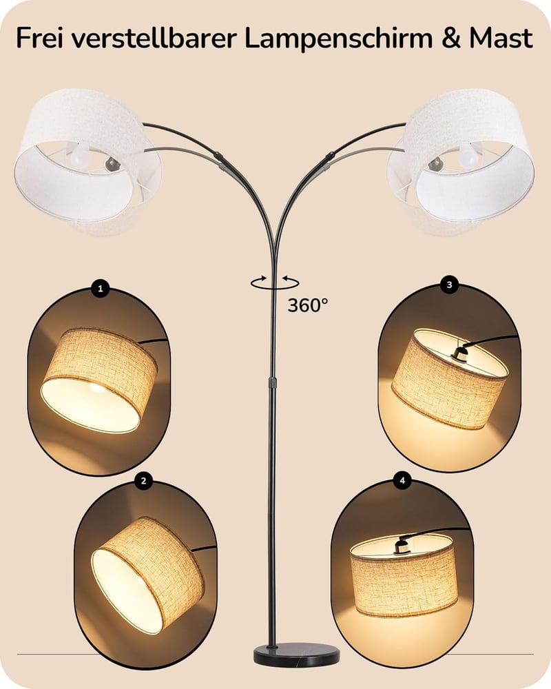 EDISHINE Ívelt Állólámpa Nappaliba - E27 LED Izzóval, Távirányítóval, Fokozatmentes Fényerő és Színhőmérséklet Szabályozás, 143-176 cm Állít