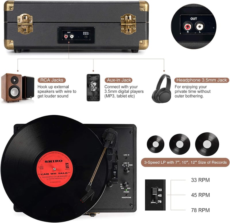 Retrolife 3 sebességes Bluetooth lemezjátszó RCA kimenettel és beépített hangszóróval