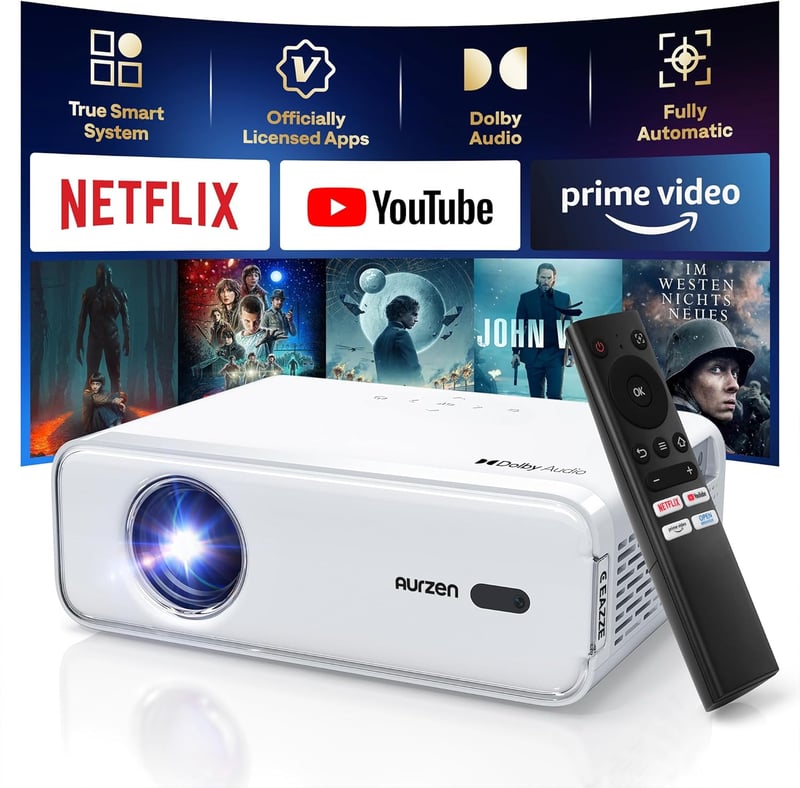 Aurzen Eazze D1 Okos Projektor - 4K Támogatás, Full HD 1080P, Netflix, Dolby Audio, Autofókusz, WiFi, Bluetooth, Otthoni Mozi Élmény - White