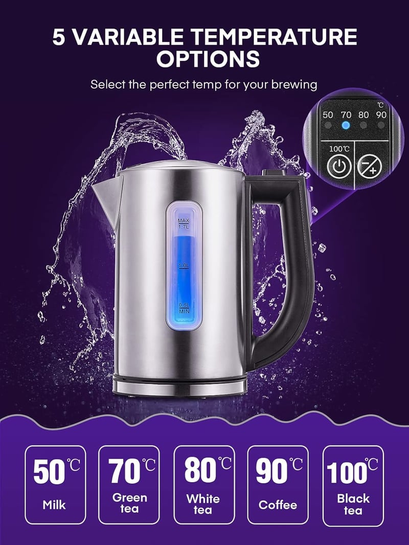 Színváltós LED-es vízforraló 2200W, 1,7L, 5 hőfokkal, melegen tartás funkcióval