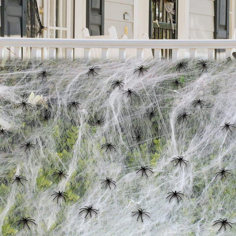 Óriás Halloween Pókháló Szett 54m² - 200g Nyújtható Dekoráció 100 Műpókkal, Fekete-Fehér
