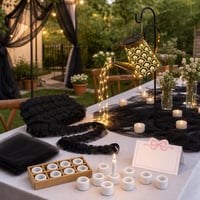 Decor nuntă Midnight: 20m bandă + tul negru + stropitoare LED + 10 sfeșnice + 50 carduri nume 1