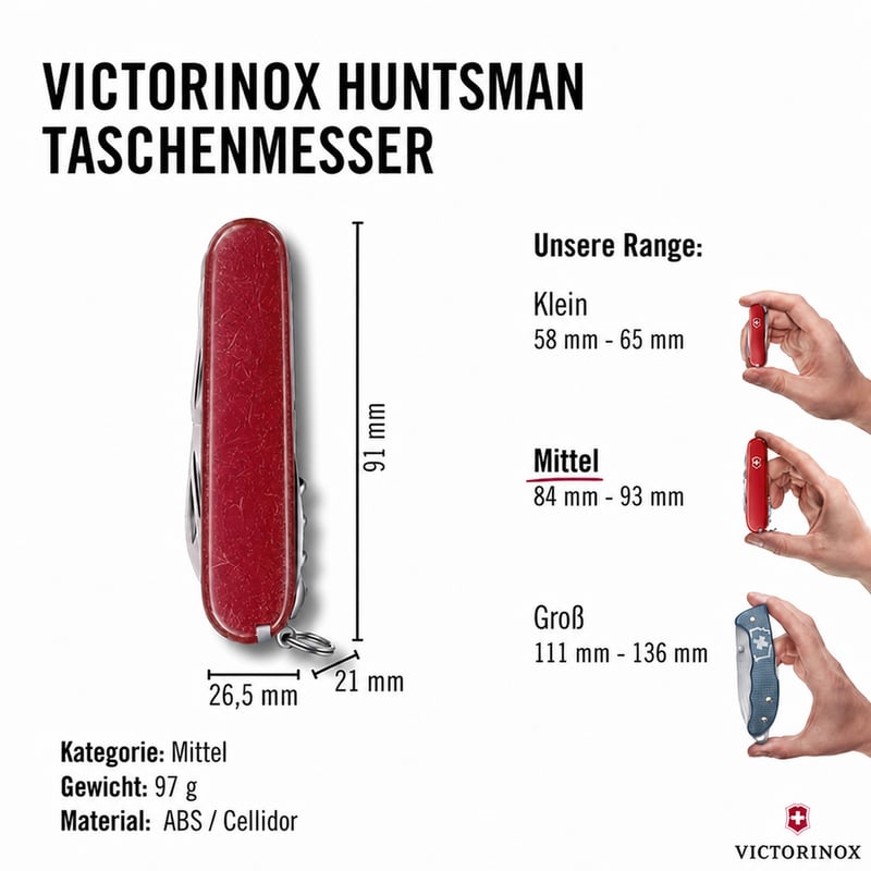Vreckový nôž Victorinox Huntsman 91 mm červený, 15-funkčný švajčiarsky nôž s čepeľou, vývrtkou a otváračom na konzervy (stav: pozri 2. obrázok)