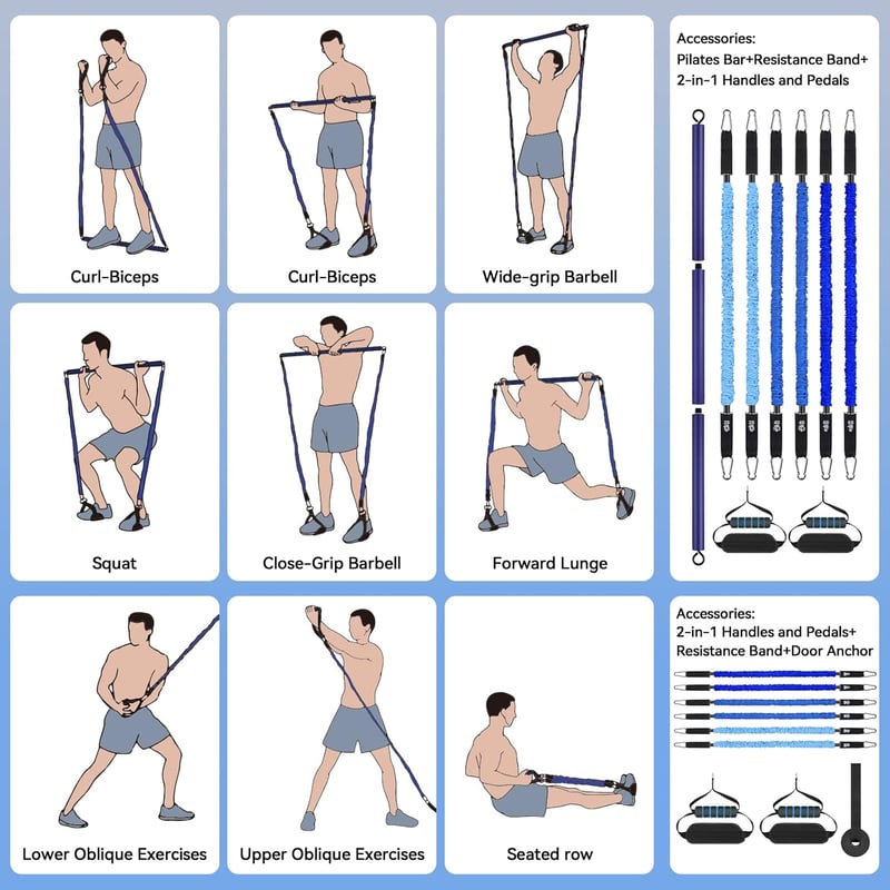 Hommie Pilates rúd szett ellenálló gumikkal, 3 erősségű (20-30-40 LB), unisex