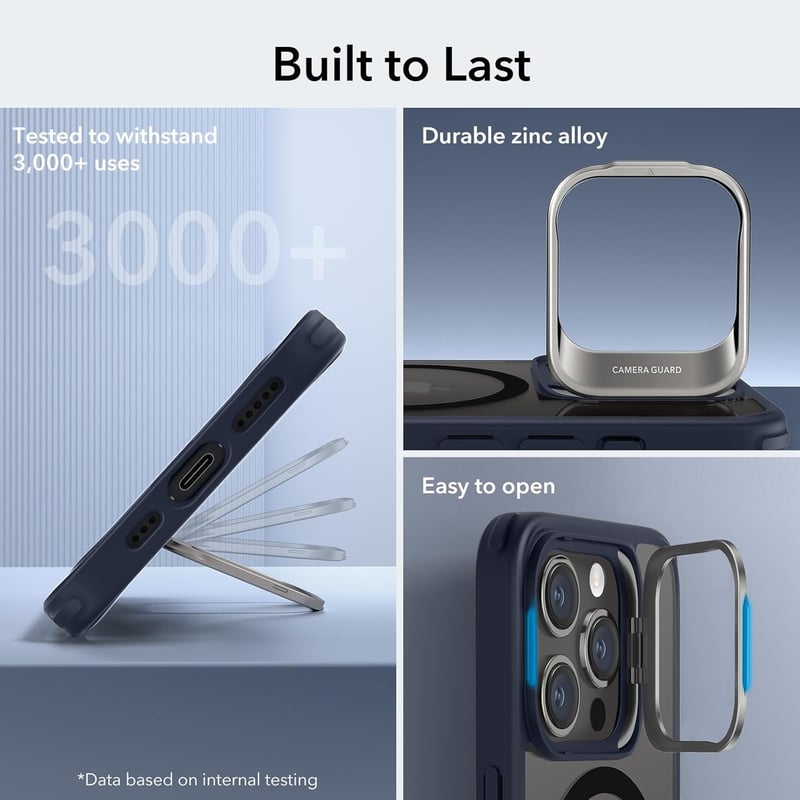 ESR iPhone 15 Pro MagSafe-kompatibilis katonai védőtok rejtett állvánnyal, sötétkék