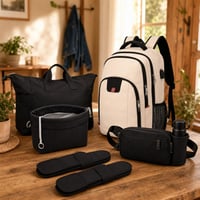 Ingázó táskacsomag: táskaszervező + vállpárna + USB-s laptop hátizsák + övtáska kulacstartóval + utazótáska 1