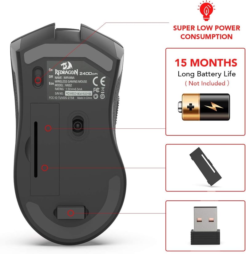 Redragon M652 vezeték nélküli optikai egér 6 gombbal, 5 DPI-fokozattal, PC és laptop kompatibilis