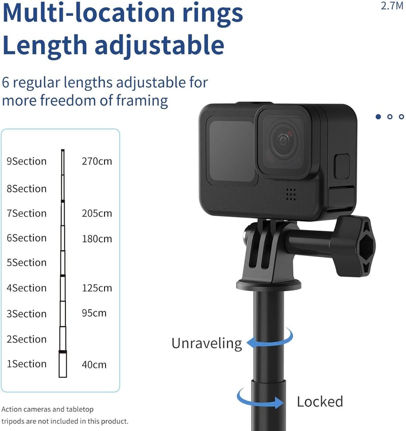TELESIN 270 cm Szénszálas Szelfibot GoPro Hero 13/12/11/10/9/8, DJI OSMO Action és Insta360 Kamerákhoz - Kihúzható Monopod 360° Forgatható F