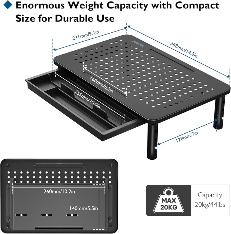 BONTEC Monitor Állvány - Ergonomikus Képernyőemelő, 36,8 x 23,1 cm, 1,18 kg, Stabil Asztali Tartó Számítógép Monitorhoz, Fekete