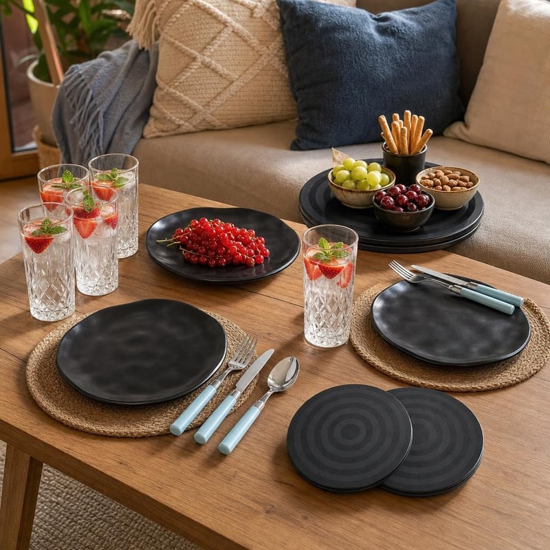 Set cină pe canapea: 20 tacâmuri + 16 piese ceramică + 6 pahare apă + 2 tăvi rotative