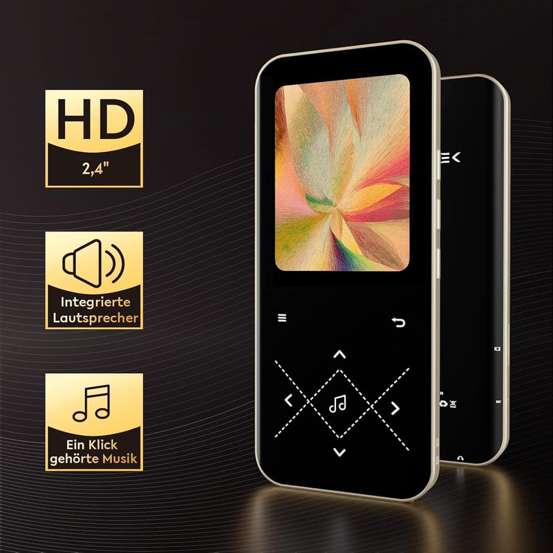 AGPTEK MP3 lejátszó 96GB, Bluetooth 5.3, HiFi hangzás, 2,4" színes kijelző, érintőgombos, fekete-arany
