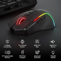 Redragon M612 PRO RGB Gamer Egér 8000 DPI Vezetékes/Vezeték Nélküli 9 Programozható Gombbal, 6 Háttérvilágítási Móddal, Bluetooth és 2.4G Ka 2