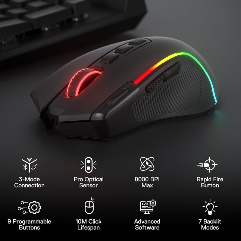 Redragon M612 PRO RGB Gamer Egér 8000 DPI Vezetékes/Vezeték Nélküli 9 Programozható Gombbal, 6 Háttérvilágítási Móddal, Bluetooth és 2.4G Ka