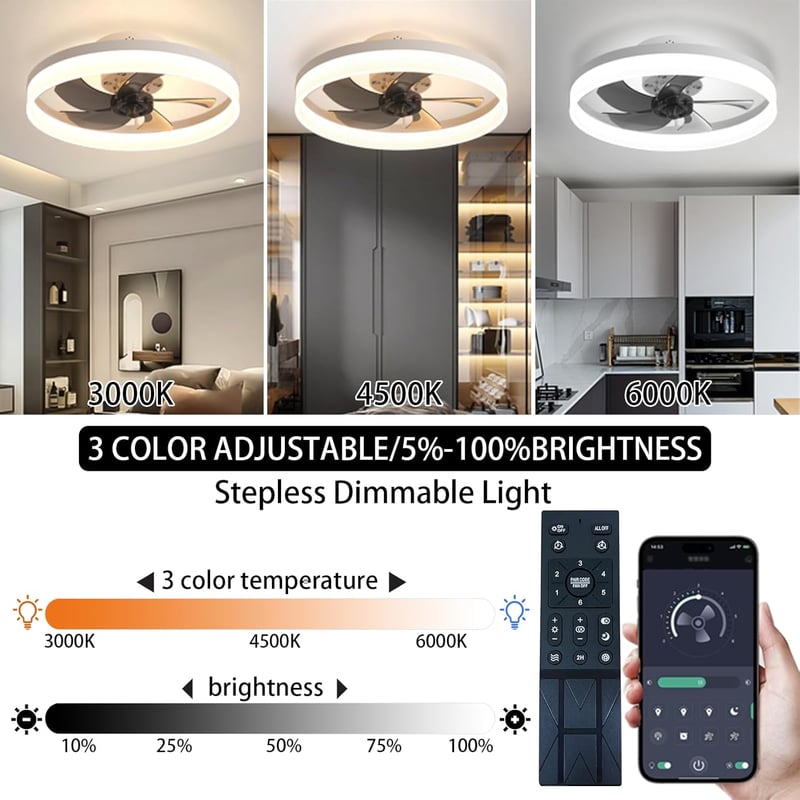 EIDISUNY Modern Mennyezeti Ventilátor LED Világítással - 19" Lapos Dizájn, 72W, Távirányítóval, 3 Színhőmérséklet, Nappali és Hálószoba Vent