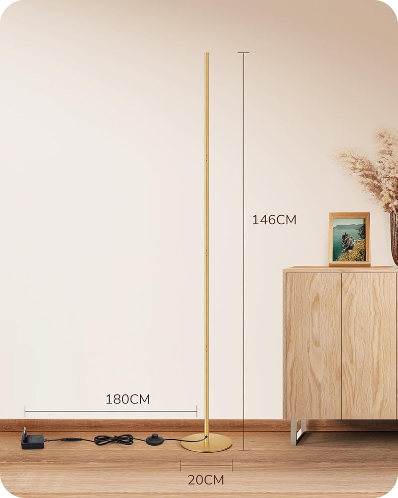 EDISHINE Állólámpa LED 3000K Meleg Fehér Fény, Szabályozható Fényerő, 146 cm Magasság, Arany Alumínium, Memória Funkcióval, Nappali, Hálószo