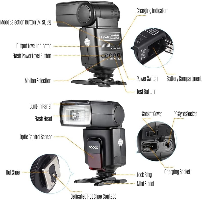 Godox TT520II Univerzális Vaku 5600K + 2.4G Vezeték Nélküli Kioldó, 1/20000s Vakuidő, M/S1/S2 Módok, Canon Nikon Pentax Olympus Kompatibilis