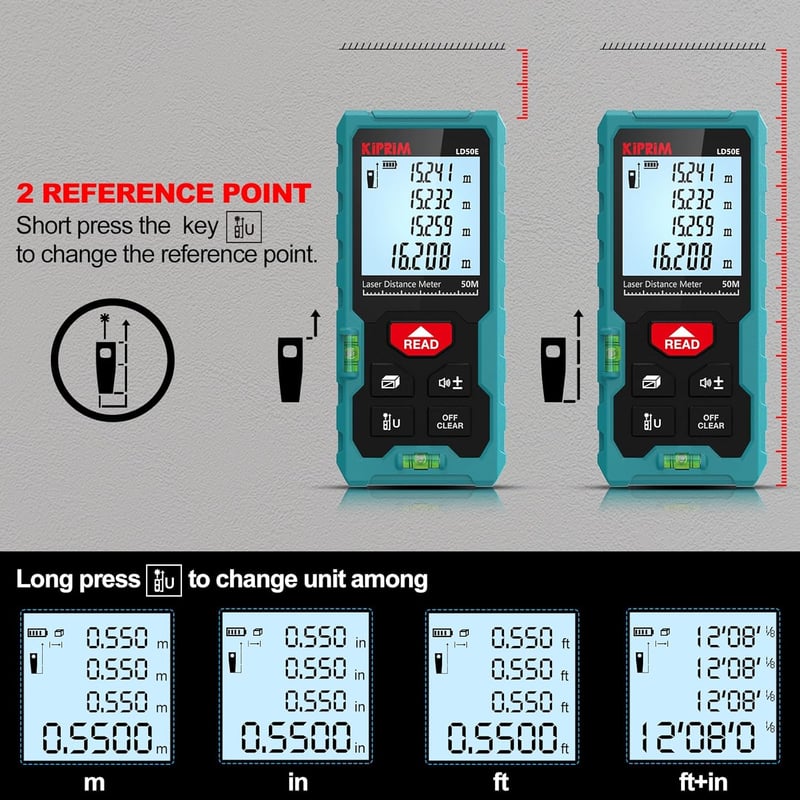 Kiprim LD50E Lézeres Távolságmérő 50m - Nagy Pontosságú, LCD Kijelzős, Vízszintezős