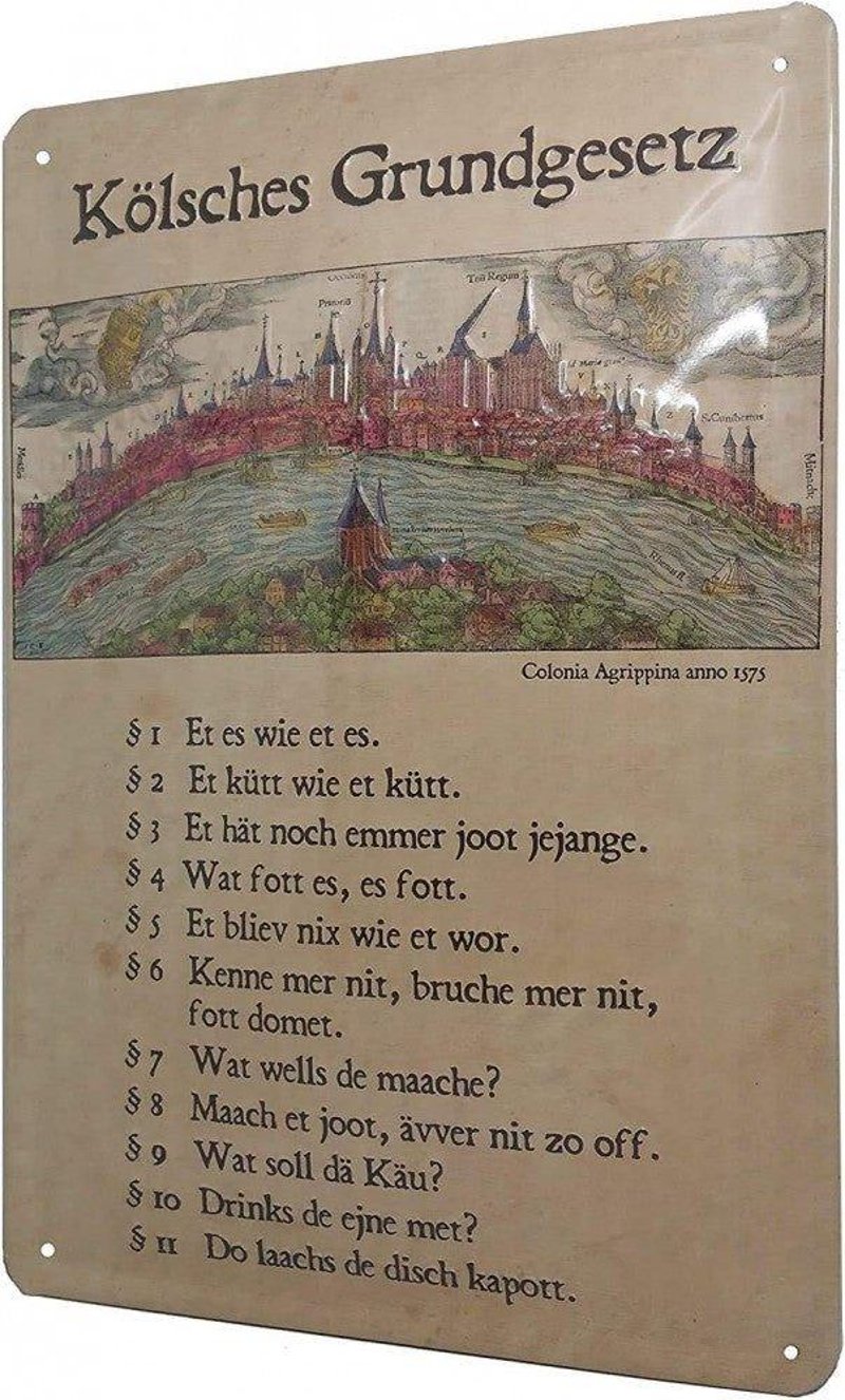 Retro dombornyomott német nyelvű "Kölsche Grundgesetz" ólomtábla