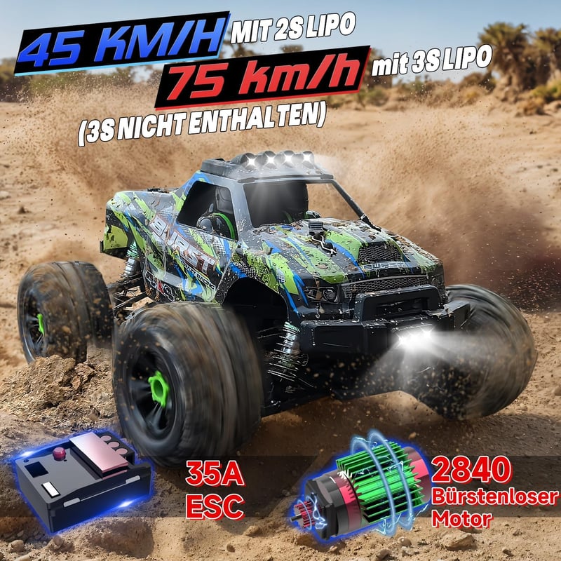 RC Távirányítós Autó 1:14 Méretarány, 75+ km/h Sebesség, 4WD Terepjáró, 2 Akkumulátor, 7 LED Fény, 2.4GHz Összkerékhajtás, 8-