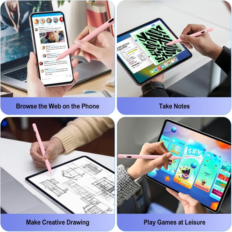 TiMOVO Gyorstöltős Érintőképernyős Stylus Toll - iPad, iPhone, Android, Samsung, Xiaomi Tabletekhez - Töltésjelzővel, Rózsaszín