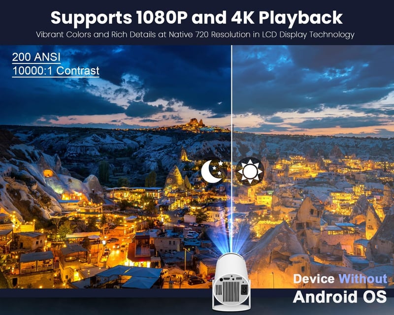 Hordozható 4K Full HD mini projektor, 180° forgatható, WiFi, 130" kijelző