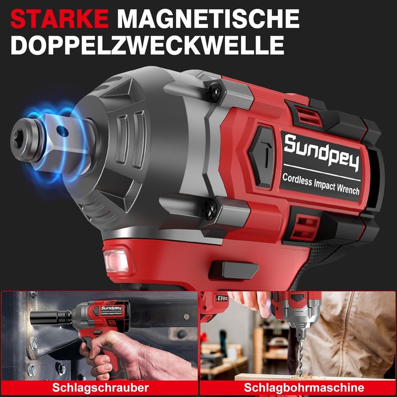Sundpey Akkumulátoros Ütvecsavarozó 650 Nm - 21V Kétsebességes Behajtó 2db 4000 mAh Akkuval, 6 Dugókulccsal, 9 Fúróval, LED Világítással, Ot